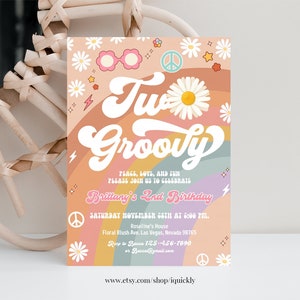 Editable Two Groovy Invitation Groovy 2nd Birthday Invite Pink Daisy Rainbow Van Birthday Hippie Printable Template Instant Download