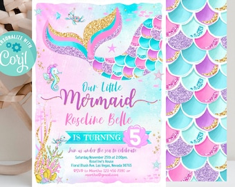 Editable Mermaid Birthday Invitation, Mermaid Invite, Under the Sea Birthday Party, Printable template Digital Instant Download M1