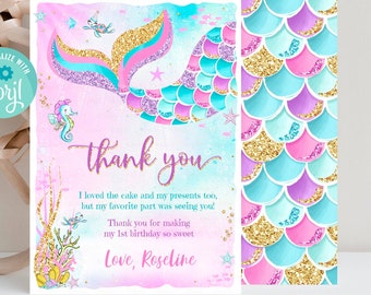 May include: A mermaid-themed thank you card with a colorful design. The card features a mermaid tail, seahorse, and the words "thank you." The back of the card has a pattern of mermaid scales. The text reads "Love, Roseline."