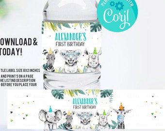 Editable Water Bottle Labels Party Animals Birthday Wild One Birthday Decor Safari Animals Zoo Printable Bottle Labels Template Corjl
