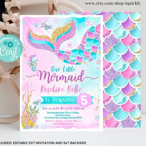 Invitación de cumpleaños de sirena editable, invitación de sirena, fiesta de cumpleaños bajo el mar, plantilla imprimible Descarga digital instantánea M1