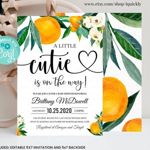 Editable A Little Cutie is on the Way Invitation Greenery Orange Gender Neutral Couples Baby Shower Invites Template Instant Download