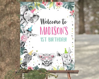 Editable Party Animals Welcome Sign Party Animal Sign Zoo Safari Welcome Jungle Yard Sign Birthday Animals Girl Template Printable Corjl