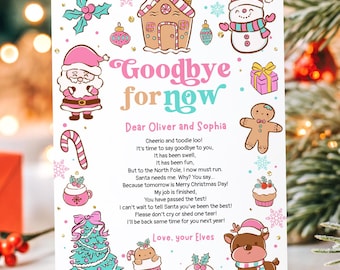 May include: A festive Christmas card with the message "Goodbye for now" addressed to Oliver and Sophia. The card is decorated with illustrations of Santa, a gingerbread house, a snowman, and other Christmas-themed images. Christmas decorations surround the card.