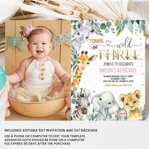 EDITABLE Safari Birthday Invitation, Girl Young Wild and Three Birthday Invite 3rd Jungle Animals invite Printable template Instant Download