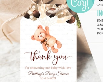 Editable Teddy Bear Baby Shower Favors Bear Baby Shower Thank you tags Printable Bear Balloons Gift tags Favor tag template digital download