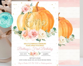 Invitación de primer cumpleaños de calabaza editable con flores rosas y doradas para niña, invitaciones para primer cumpleaños de calabaza, plantilla de descarga instantánea para otoño