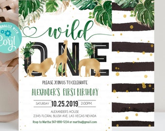 EDITABLE Jungle Birthday Invitation Wild One 1st Birthday Invite Safari Animals invitations Gold Printable template Instant Download JG001