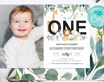 EDITABLE Safari Birthday Invitation, Wild one Boy Invites, First Birthday Jungle animals Photo invitations, 1st birthday Digital download