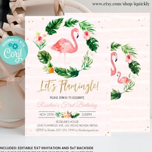 Editable Flamingo Birthday Party Invitation Template,Tropical Birthday Watercolor Invite, 1st Birthday Summer Printable Digital
