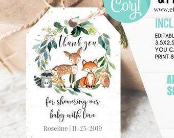 Woodland Baby Shower Favor Tags EDITIERBAR, geschlechtsneutral, Waldtiere Danke Tags, Geschenkanhänger Woodland Theme lädt Sofortiger download