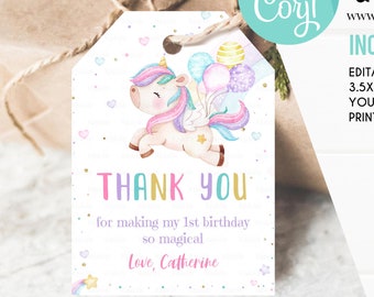 Editable Unicorn Favor Tags Unicorn Birthday Party Thank You Gift Tags Magical Rainbow Girl Round Sticker Corjl Pink Gold Template
