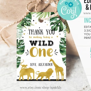 Wild One Favor tags, Editable Jungle Gold Thank you tags, Safari gift tags, Party animals favor Instant download Template Printable Corjl