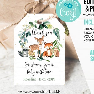 Woodland Baby Shower Favor tags EDITABLE, Gender Neutral, woodland animals Thank you tags, Gift tags Woodland Theme Invites Instant download image 1