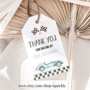 Editáveis DUAS etiquetas rápidas para lembrancinhas de aniversário Race Car 2º aniversário Tags de agradecimento Racing Vintage Racecar Modelo para impressão Download instantâneo FA01