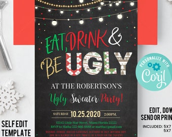 Editable Ugly Sweater Party Invitation Rustic Christmas Ugly Sweater Invitation Eat Drink And Be Ugly Sweater Party Invite Instant Download