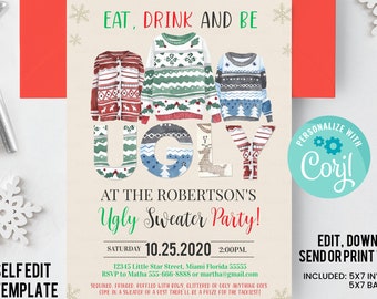 Editable Ugly Sweater Party Invitation Rustic Christmas Ugly Sweater Invitation Eat Drink And Be Ugly Sweater Party Invite Instant Download