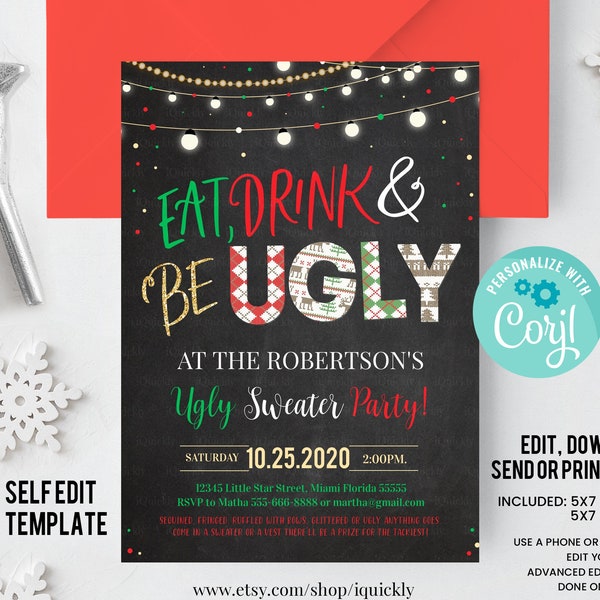 Bearbeitbare Ugly Sweater Party Einladung Rustikale Weihnachten Ugly Sweater Einladung Eat Drink And Be Ugly Sweater Party Invite Instant Download