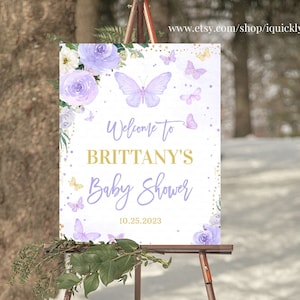 EDITABLE Butterfly Baby Shower Welcome sign Purple Butterfly Sign Decorations Party sign Yard sign Téléchargement instantané Modèle imprimable BU102