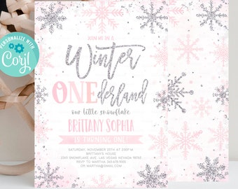 Editable Winter Onederland Invitation, Girl Snowflake First Birthday Pink Silver Winter Wonderland Invites 1st Birthday Template Download