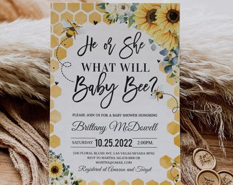 Editable Bee Gender Reveal Invitation What Will Baby Bee Invitations Bumble Bee Gender Neutral Invite Printable Template Instant Download