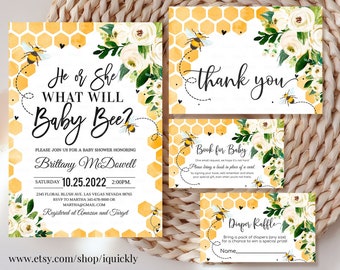 Editable Bee Baby Shower Invitation Bundle What Will Baby Bee Gender Reveal Set Invite Package Printable Template Instant Download