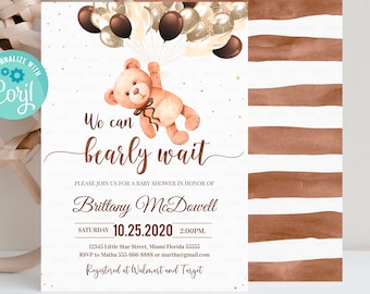 Editable We can Bearly wait baby shower invitation Teddy Bear Invite Bear Themed Shower Printable template digital download