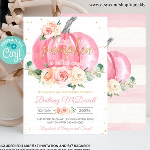 EDITABLE Pumpkin Baby Shower Invitation, Floral Pink and gold Girl little Pumpkin Baby Shower Invites, Fall Autumn Instant Download Template