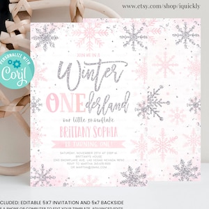 Invitation modifiable d'hiver Onederland, fille flocon de neige premier anniversaire rose argent pays des merveilles d'hiver invite le téléchargement du modèle 1er anniversaire