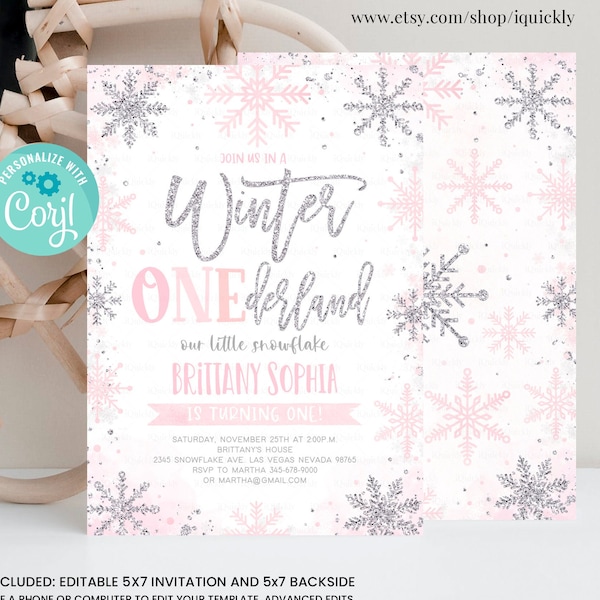 Invitation modifiable d'hiver Onederland, fille flocon de neige premier anniversaire rose argent pays des merveilles d'hiver invite le téléchargement du modèle 1er anniversaire