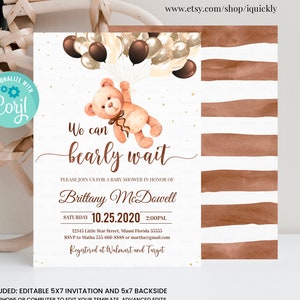 Editable We can Bearly wait baby shower invitation Teddy Bear Invite Bear Themed Shower Printable template digital download