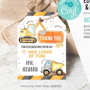 Bouw verjaardag gunst tags BEWERKBAAR, Dump Truck Party Bedankt tags, Gift tags Sjabloon afdrukbare Instant Digitale download C1