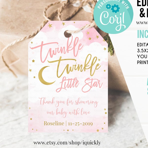 Twinkle Twinkle Little Star Baby Shower Favor tags EDITABLE, Pink and Gold Thank you tags, Gift tags, Birthday Instant download Printable