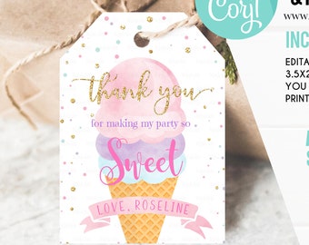 Editable Ice Cream Favor tags, Here's the Scoop Thank you tags, Ice Cream Birthday Girl Pink Gift tags, Instant download Printable Digital