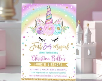 Unicorn Birthday Invitation Editable Four Ever Magical Invite Pastel 4 Ever Magical Girls 4th Invitation Printable Template Digital Download