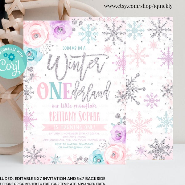 Editable Winter onederland Invitation Pink Purple Blue Girl First birthday Snowflake Invite Floral Winter onederland Party Download Corjl