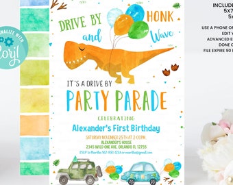 Editable Dinosaur Drive By Birthday Parade Invitation Virtual Party Invite Honk Wave Car Boy Dino Quarantine Instant Download Digital Corjl