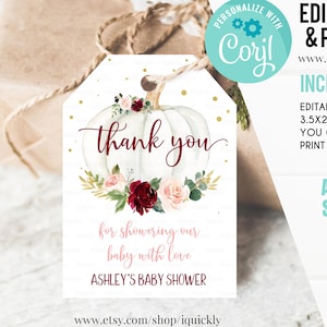 Pumpkin Baby Shower Favor tags EDITABLE, Burgundy little Pumpkin Thank you tags, Gift tags Girl Fall Autumn Printable Instant download