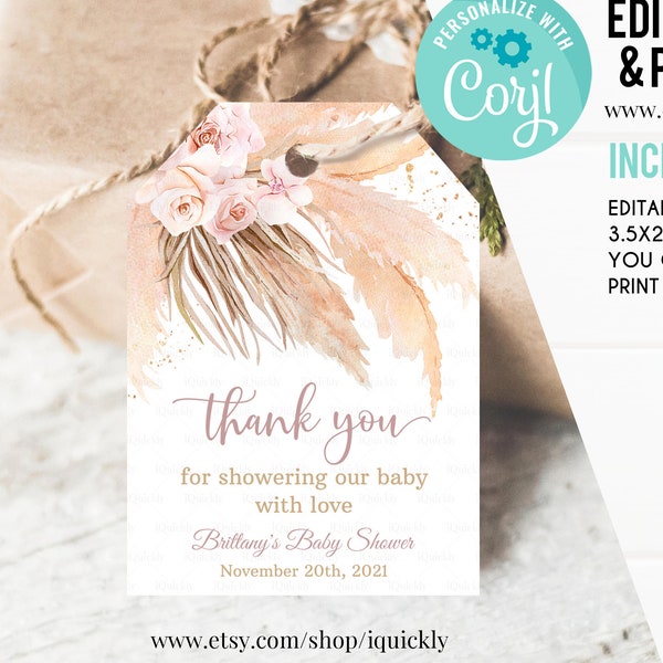 Étiquettes de faveur modifiables Pampas Grass Baby Shower, étiquettes de remerciement imprimables Boho, étiquettes cadeaux Boho Baby Shower Téléchargement numérique