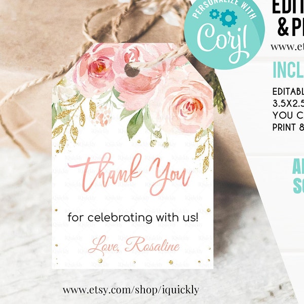 EDITABLE Blush Pink Floral Favor tags, Thank you tags, Gift Tags, Baby shower favor Printable Template, Boho Girl One Instant download