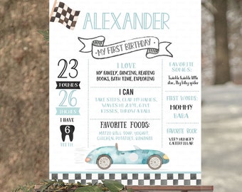 Cartel de cumpleaños del hito del coche de carreras, primer cartel de pizarra de cumpleaños del coche de carreras editable, cartel vintage del 1er cumpleaños Descarga digital instantánea