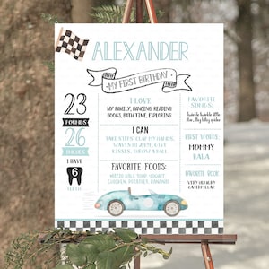 Poster di compleanno di pietra miliare dell'auto da corsa, cartello della lavagna del primo compleanno di auto da corsa EDITABLE, poster del primo compleanno vintage Download digitale istantaneo