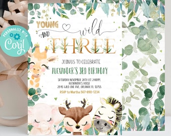 EDITABLE Safari Birthday Invitation, Young Wild and Three Birthday Invite 3rd Gold Jungle Animals invite Printable template Instant Download