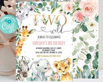 EDITABLE Safari Birthday Invitation, Girl Two Wild Birthday Invite, 2nd Gold Jungle Animals invitations, Printable template Instant Download