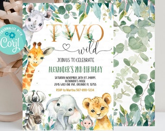 Invito di compleanno Safari MODIFICABILE, due inviti di compleanno selvaggi, 2° inviti di animali della giungla d'oro, modello stampabile Download istantaneo