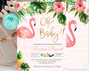 Editable Flamingo Baby Shower Invitation, Let's Flamingle Baby Shower Invite, Tropical Girl Baby Shower, Printable template Digital download