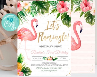 Editable Flamingo Birthday Party Invitation Template,Tropical Birthday Watercolor Invite, 1st Birthday Summer Printable Digital