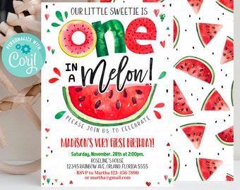 May include: Watermelon-themed first birthday invitation with a watercolor illustration of a watermelon slice and the text "One in a Melon!"  The invitation is decorated with red hearts and watermelon slices. The text includes the child's name, date, time, and location of the party.  RSVP information is also included.