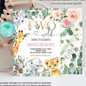 EDITABLE Safari Birthday Invitation, Girl Two Wild Birthday Invite, 2nd Gold Jungle Animals invitations, Printable template Instant Download