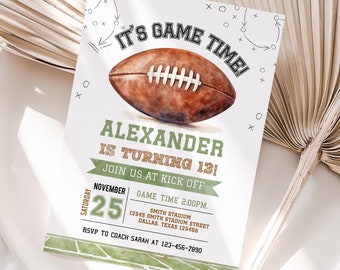 May include: A green and white football-themed birthday invitation for a 13th birthday party. The invitation features a watercolor illustration of a football and the text "It's Game Time! Alexander is turning 13! Join us at Kick Off!" The invitation also includes the date, time, and location of the party.